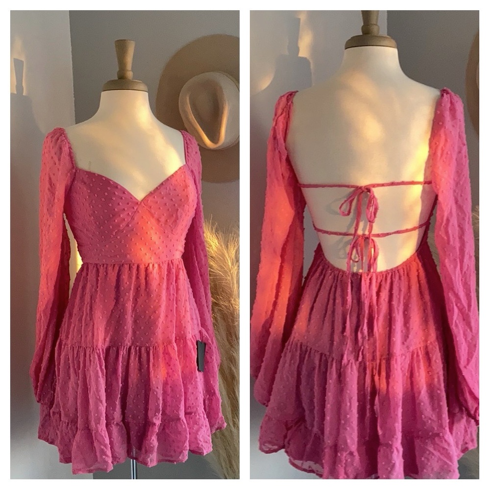 ❤️ Lulus Longing and Love Pink Swiss Dot Lace Up Mini Dress